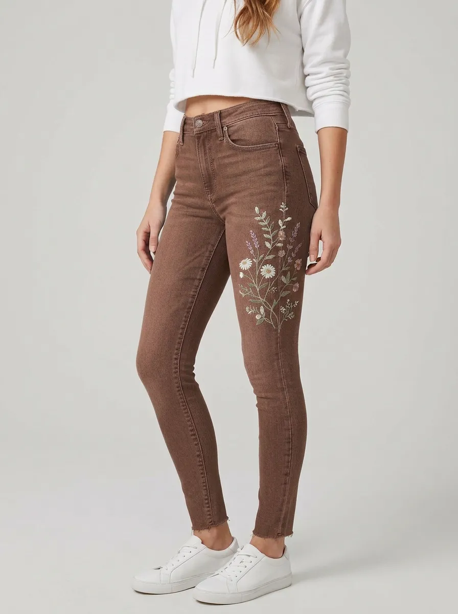 Women's Floral Daisy Wildflower Embroidered Slim Jeans