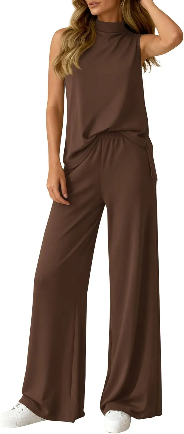Summer 2 Piece Lounge Sets For Women Sleeveless Mock Neck Wide Leg Loose Spring Vacation Airport Travel Outfits