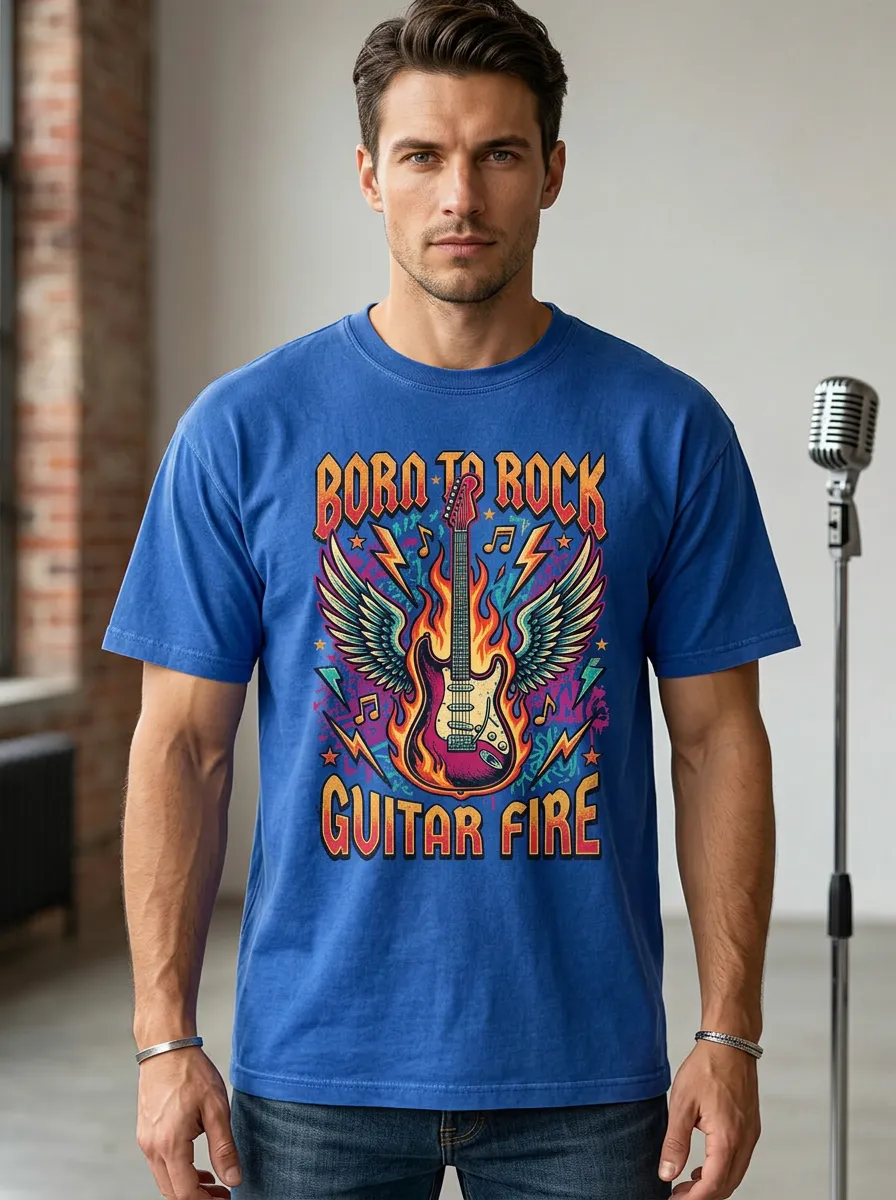 Men's Rock Music Lover Born To Rock Guitar Fire Printed T-shirt