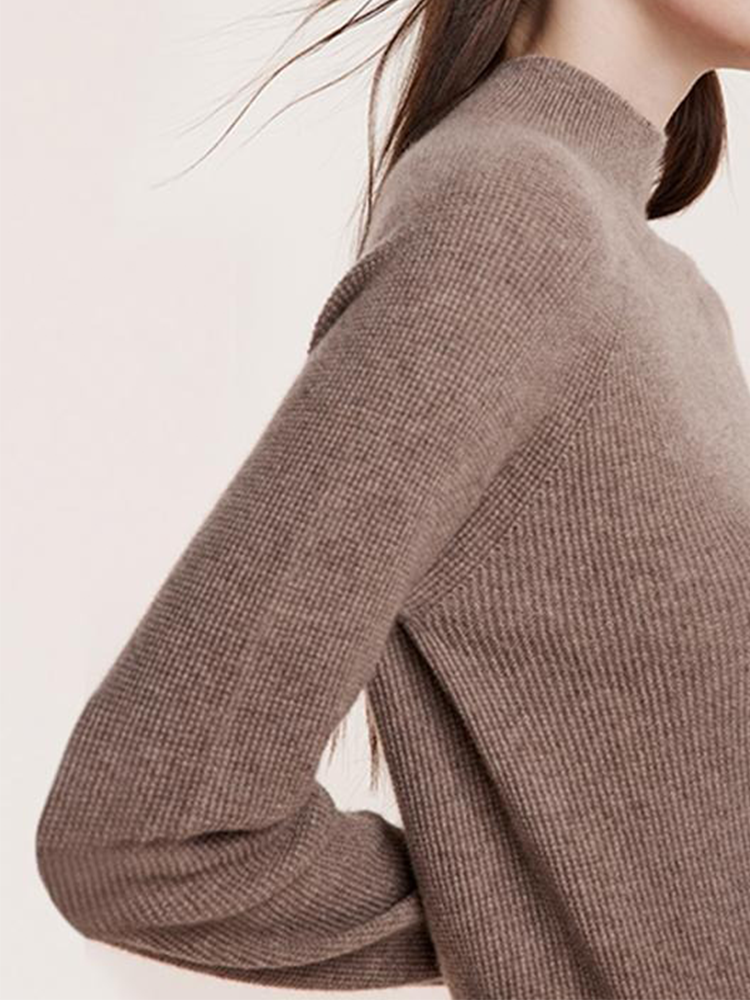 Coffee Seamless Mock Neck Cashmere Women Sweater