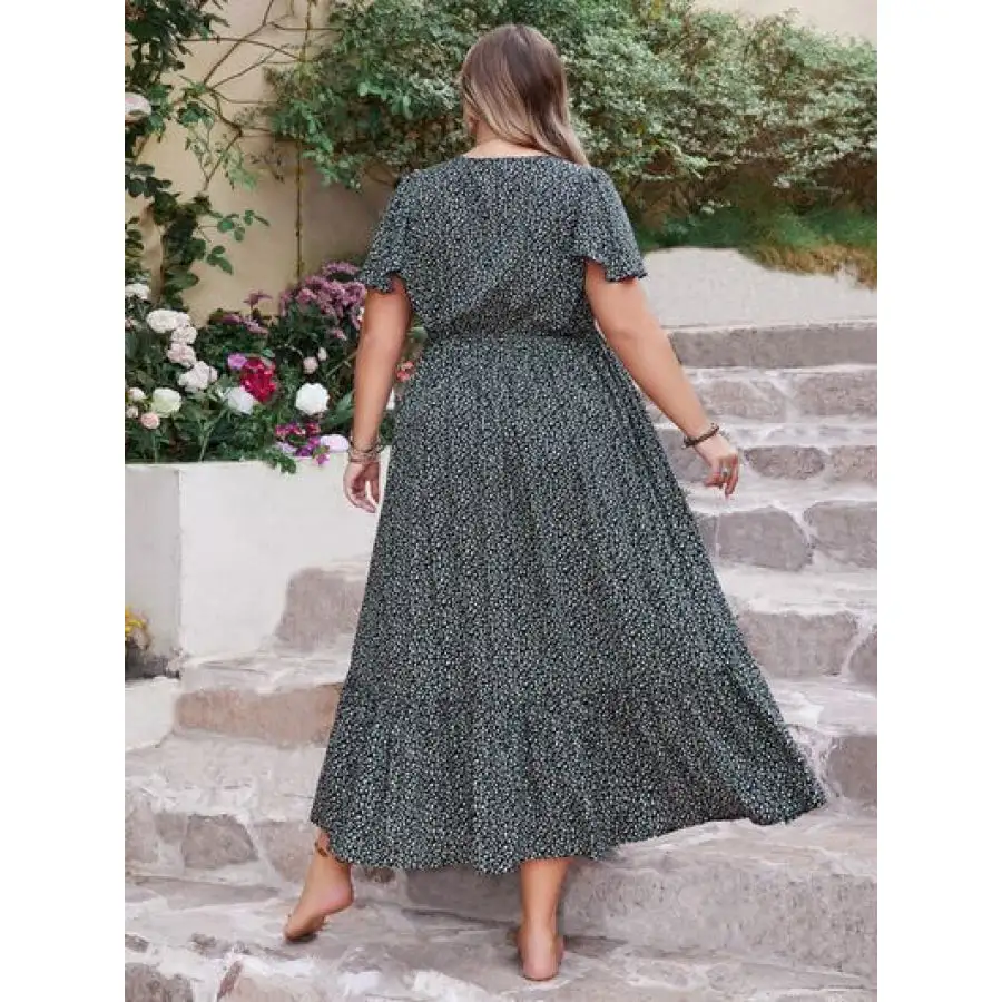 Plus Size V-Neck Flutter Sleeve Midi Dress