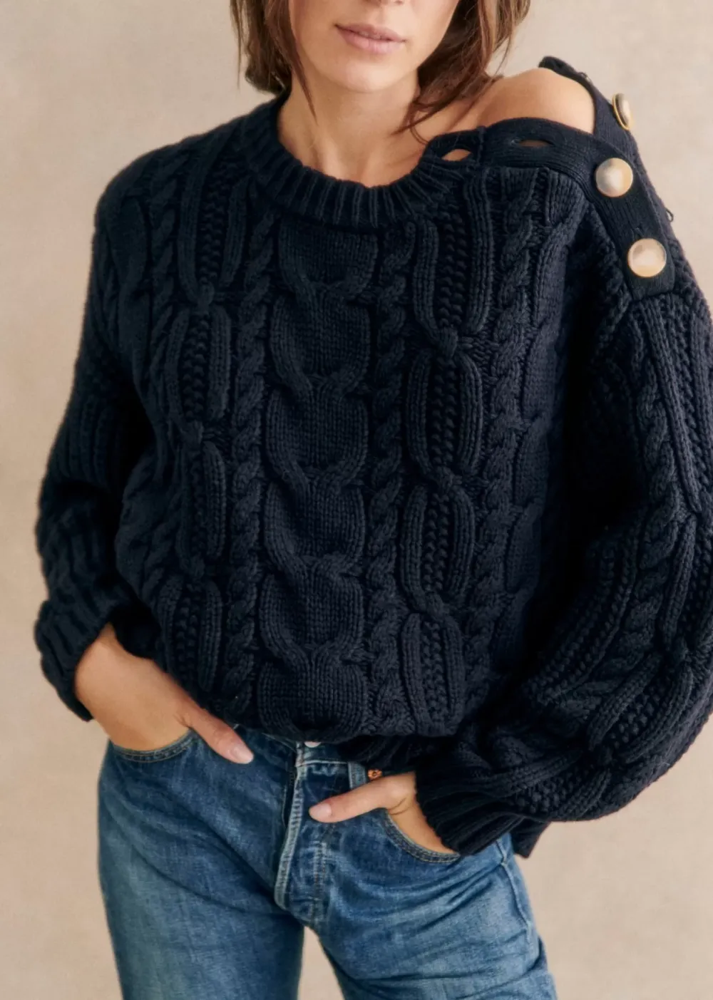 Button Detail Navy Chunky Sweater