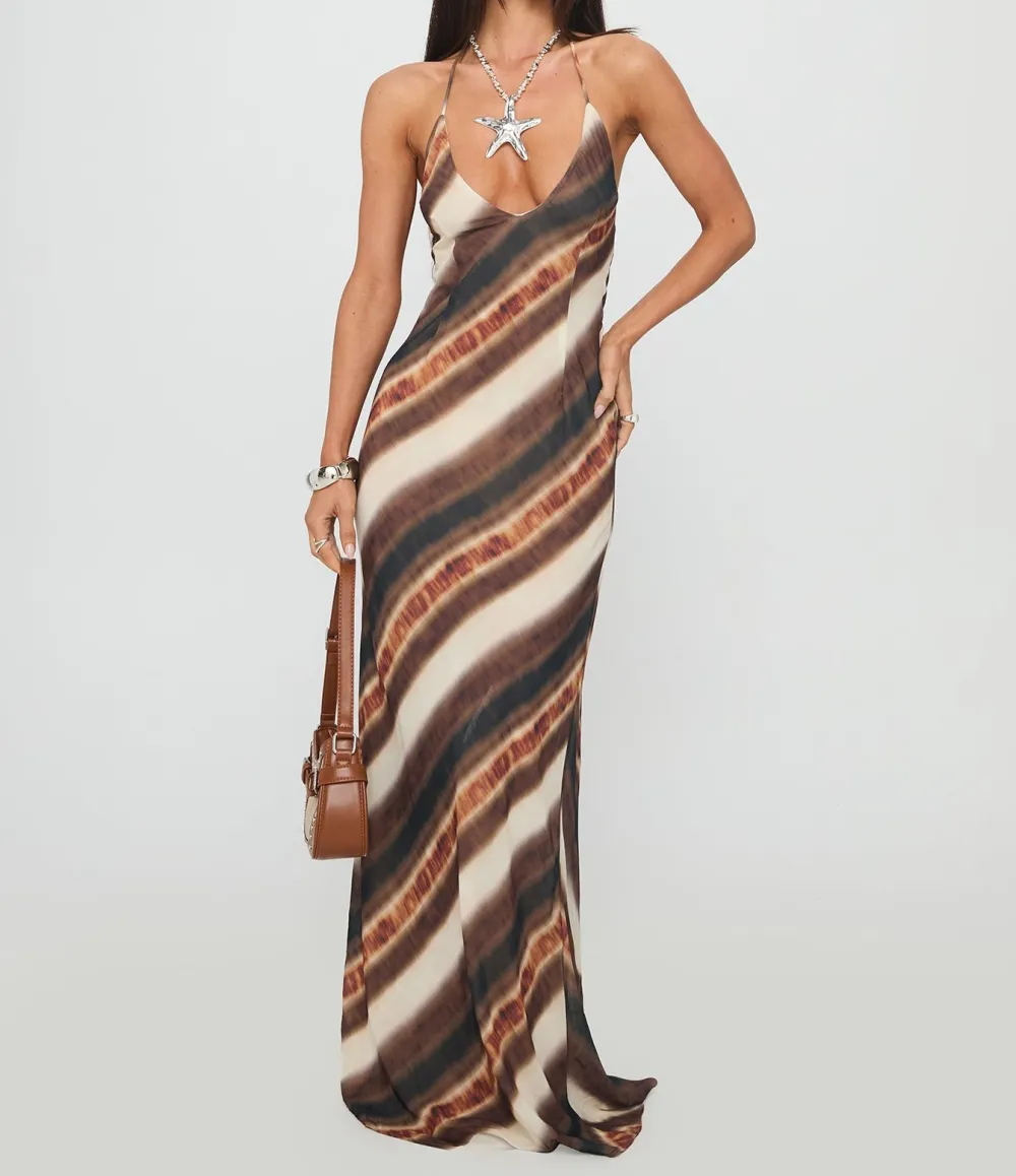 Brown Striped Halter Maxi Dress