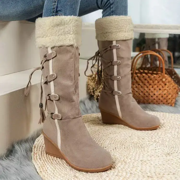 Suede Wedge Boots with Fur Cuff