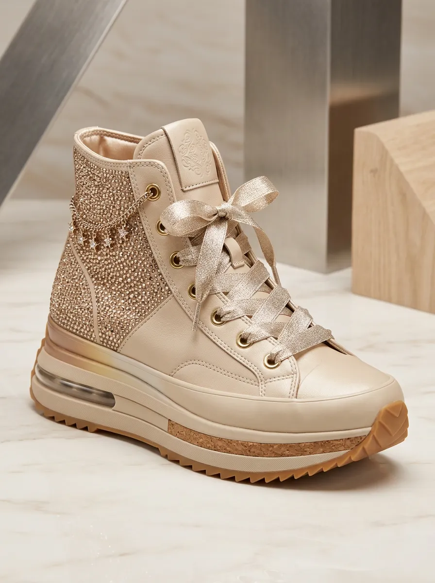 Lace-Detail Cork-Detail Lace-Up High-Top Women's Rhinestone Platform Shoes