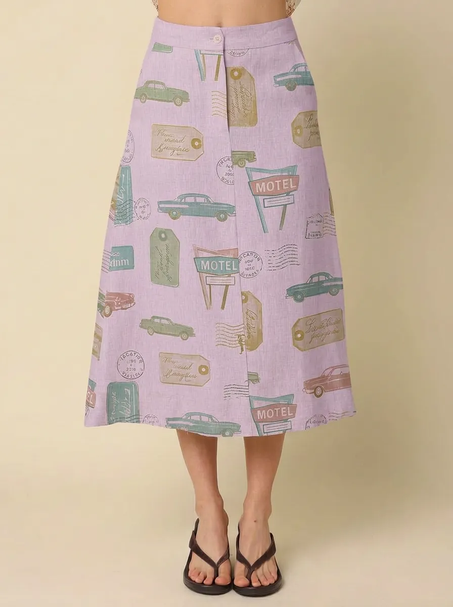 Women's Retro Travel-Inspired Vintage Car Motel Printed Skirt