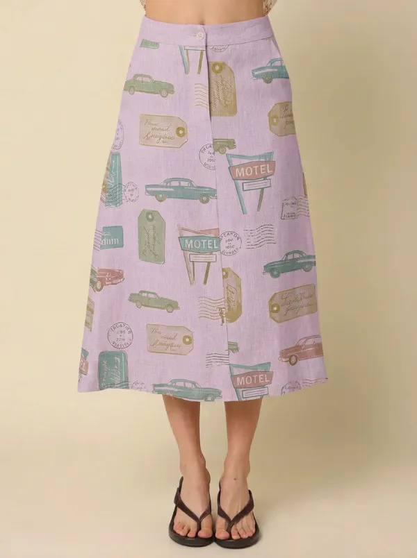 Women's Retro Travel-Inspired Vintage Car Motel Printed Skirt