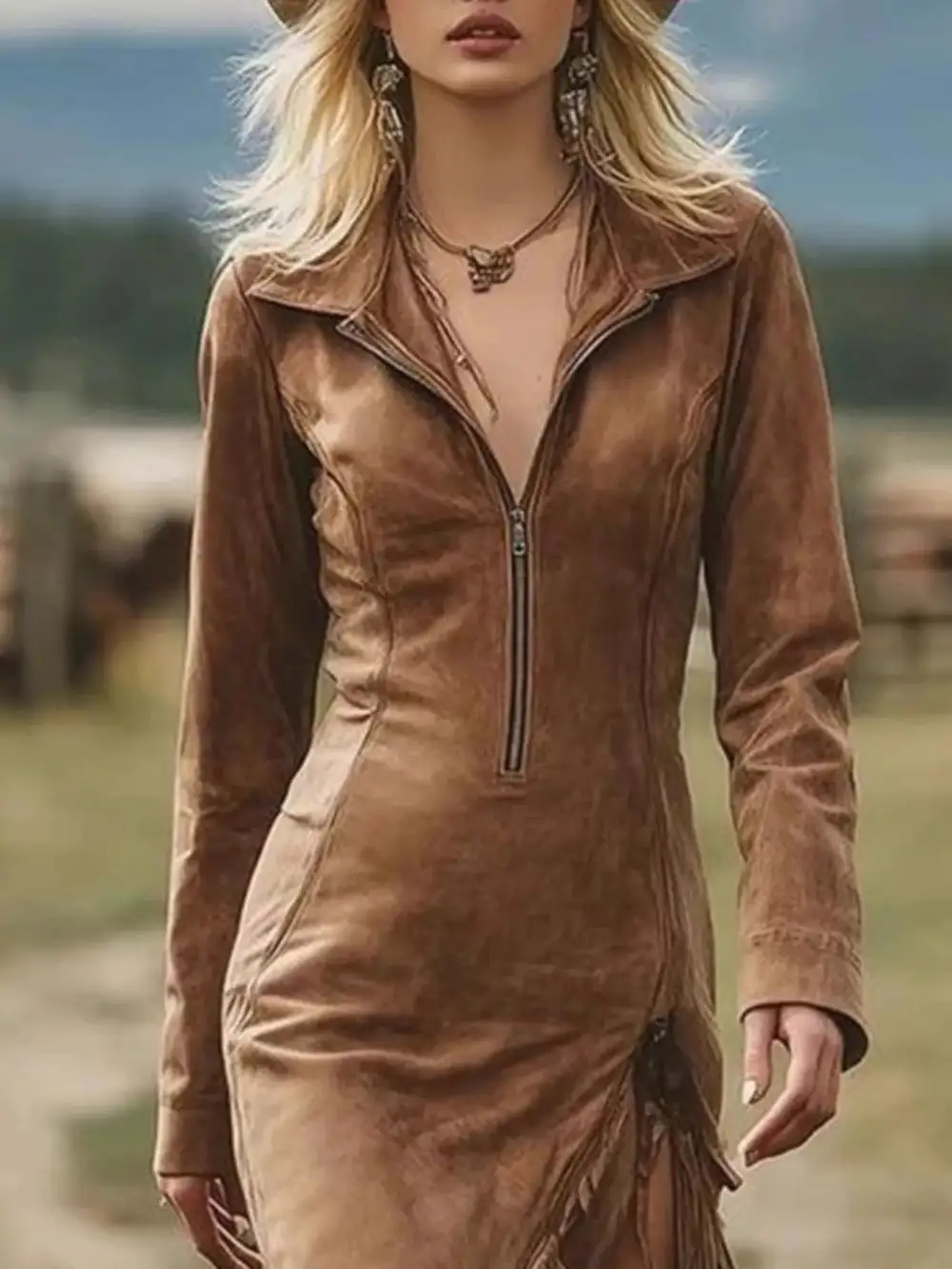 Gathered Detail Zip Front Dress