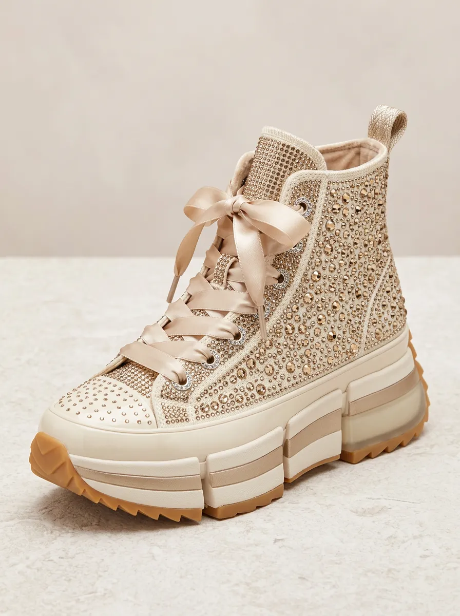 Refined Lace-Detail Women's Rhinestone Platform Shoes