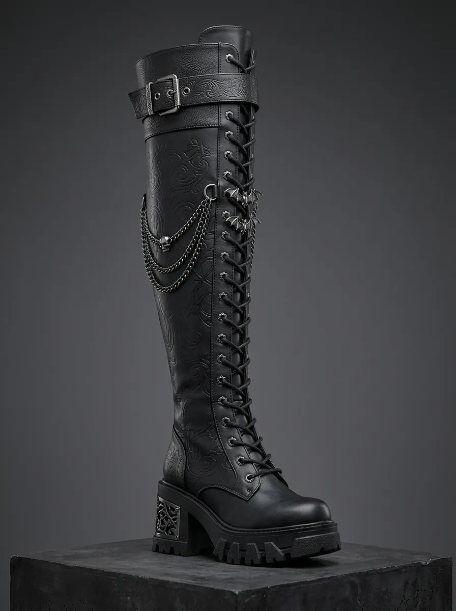 Gothic Revival Skull Bat Chain Finish Women's Gothic Platform Boots