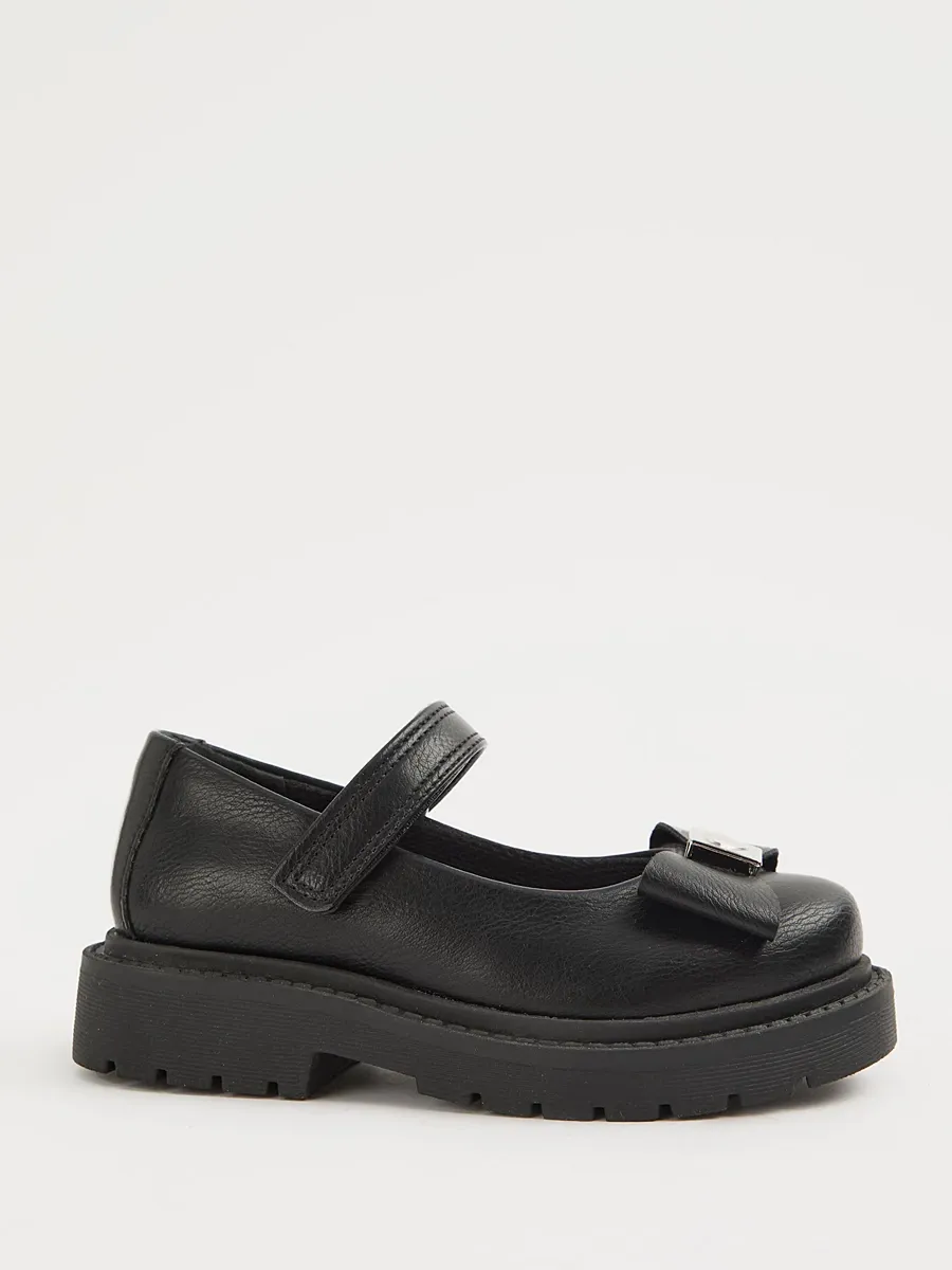 Black Leather Look Bow Chunky Mary Jane School Shoes