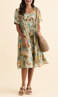 Below-Knee Abstract Cotton Button-Front Gathered Pocket Round-Neck Dress