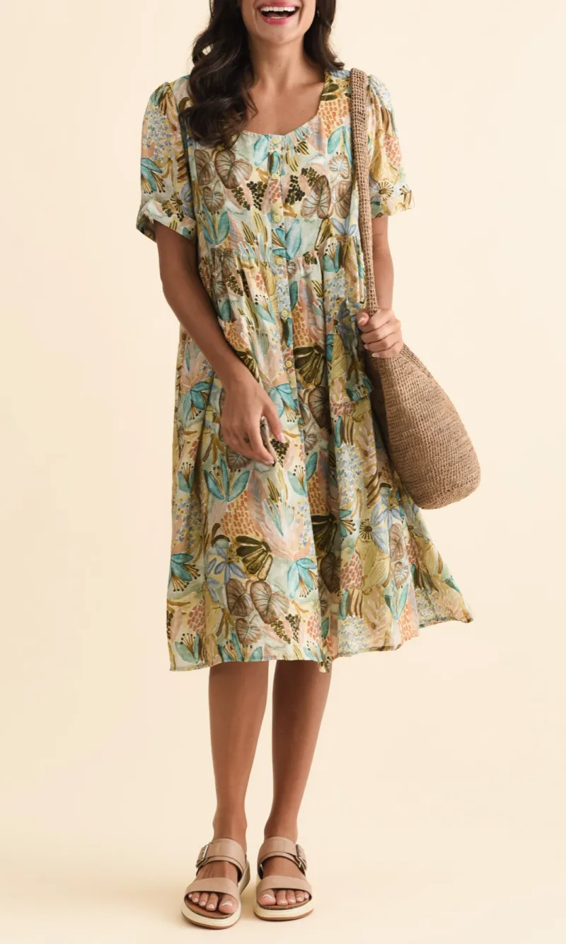 Below-Knee Abstract Cotton Button-Front Gathered Pocket Round-Neck Dress