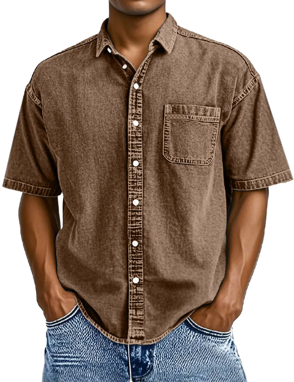 Short Sleeve Open Collar Button Front Shirt