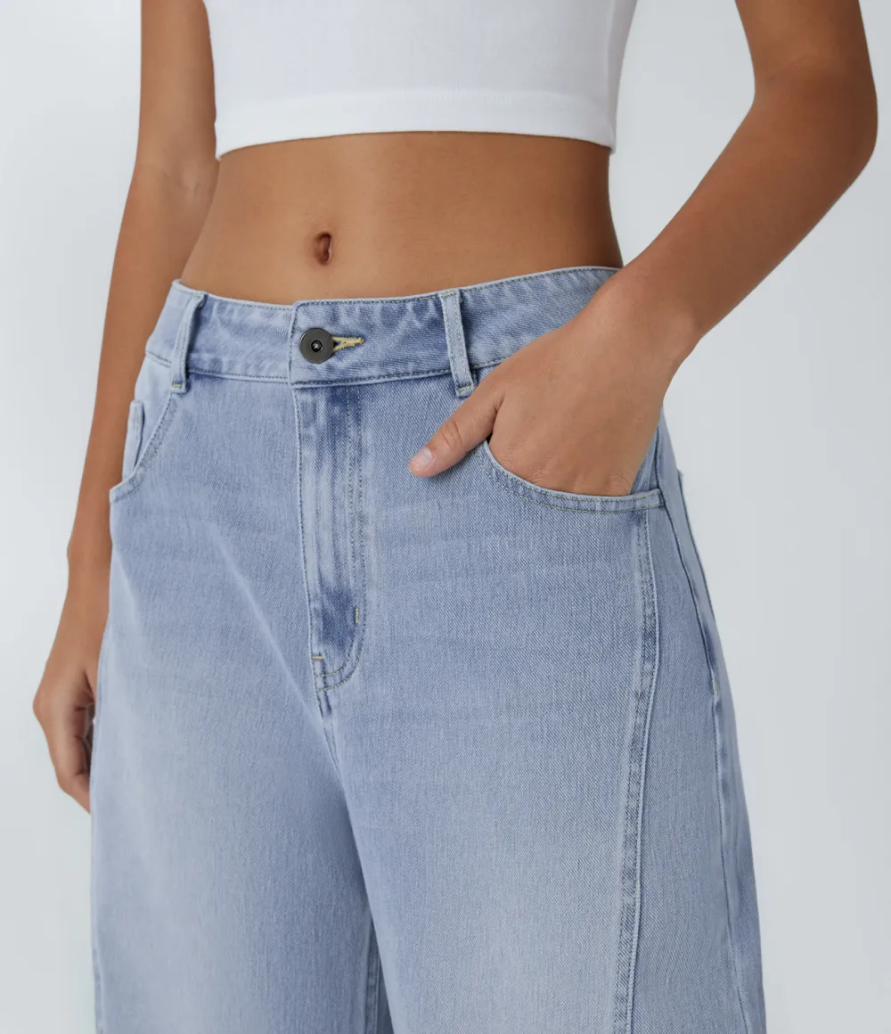 Magic Mid Low Rise Button Zipper Multiple Pockets Washed Stretchy Knit Casual Mom Jeans