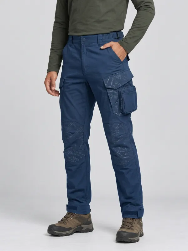 Men's Charcoal Grey Geometric Multi-Pocket Reinforced Knee Tactical Cargo Pants