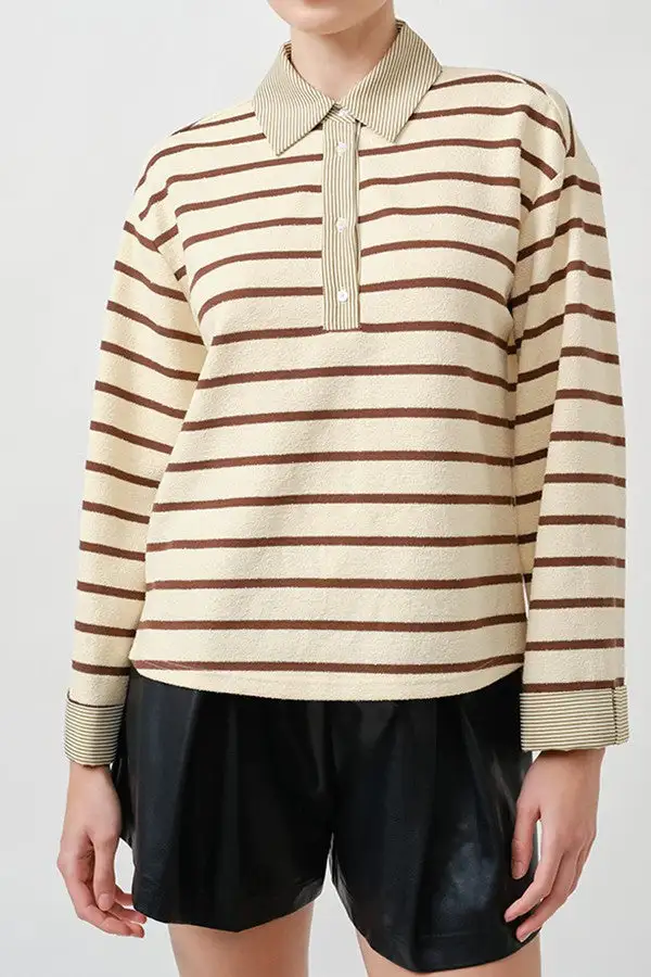 Women's Stripe Print Half Zip Long Sleeve Top