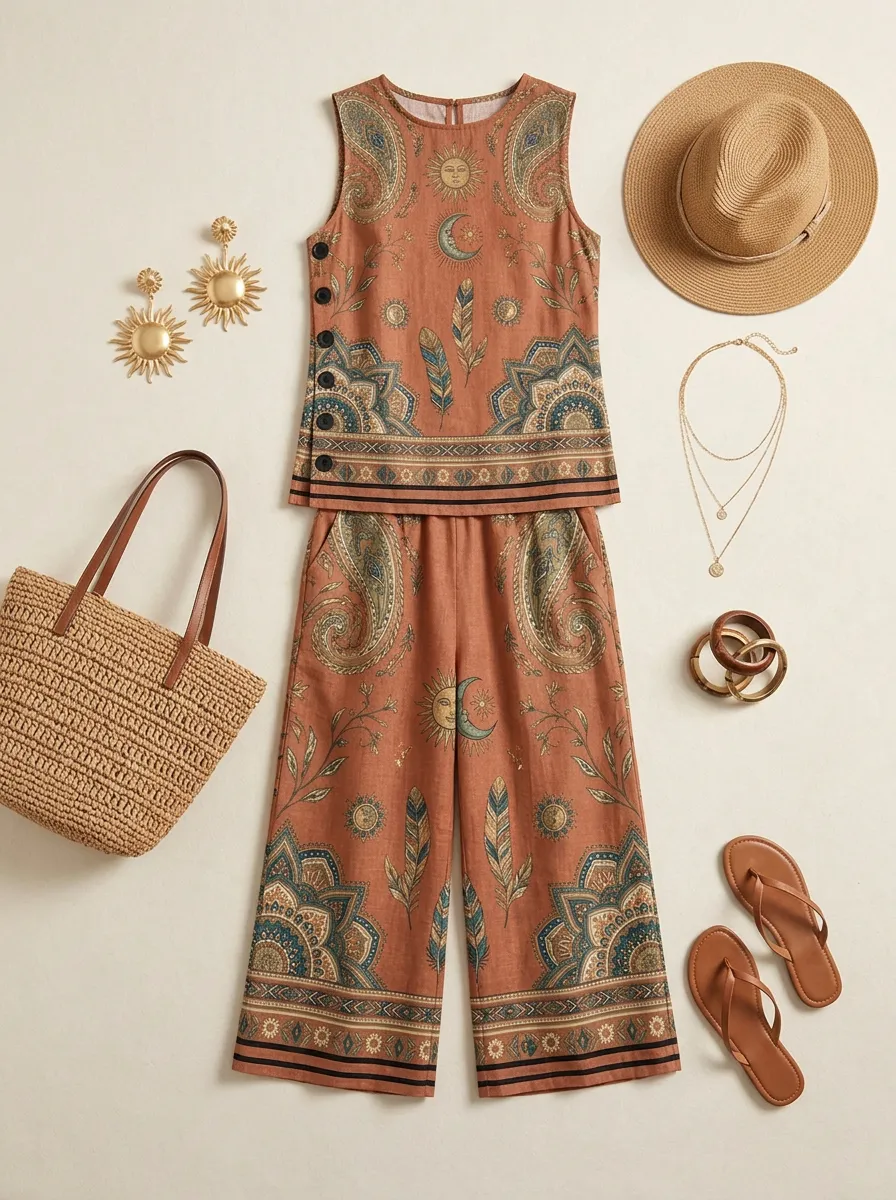 Women's Bohemian Sun Moon Feather Printed Sleeveless Set