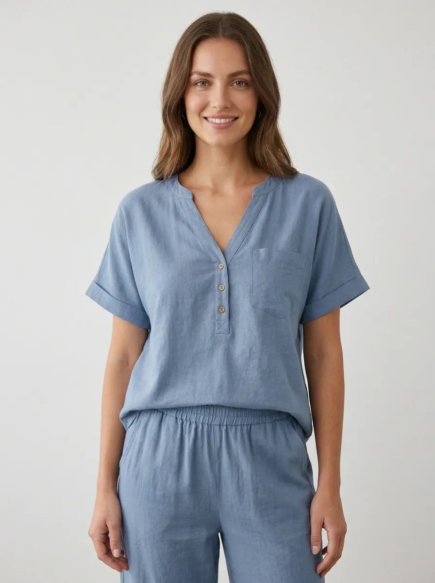 Short-Sleeve Cuffed-Sleeve Button-Front Women's V-Neck Shirt