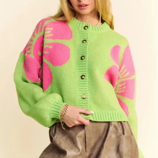 Classic Long Sleeve Ribbed Floral Detail Knit Cardigan