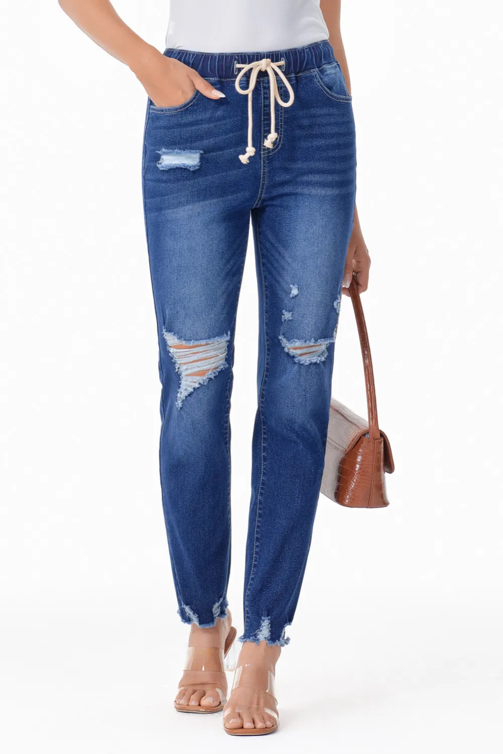 Dark Blue Raw Hem Straight Jeans
