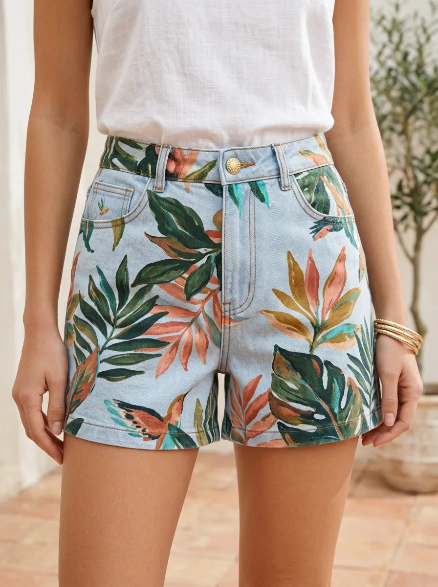 Women's Tropical Hummingbird Leaf Printed Denim Shorts
