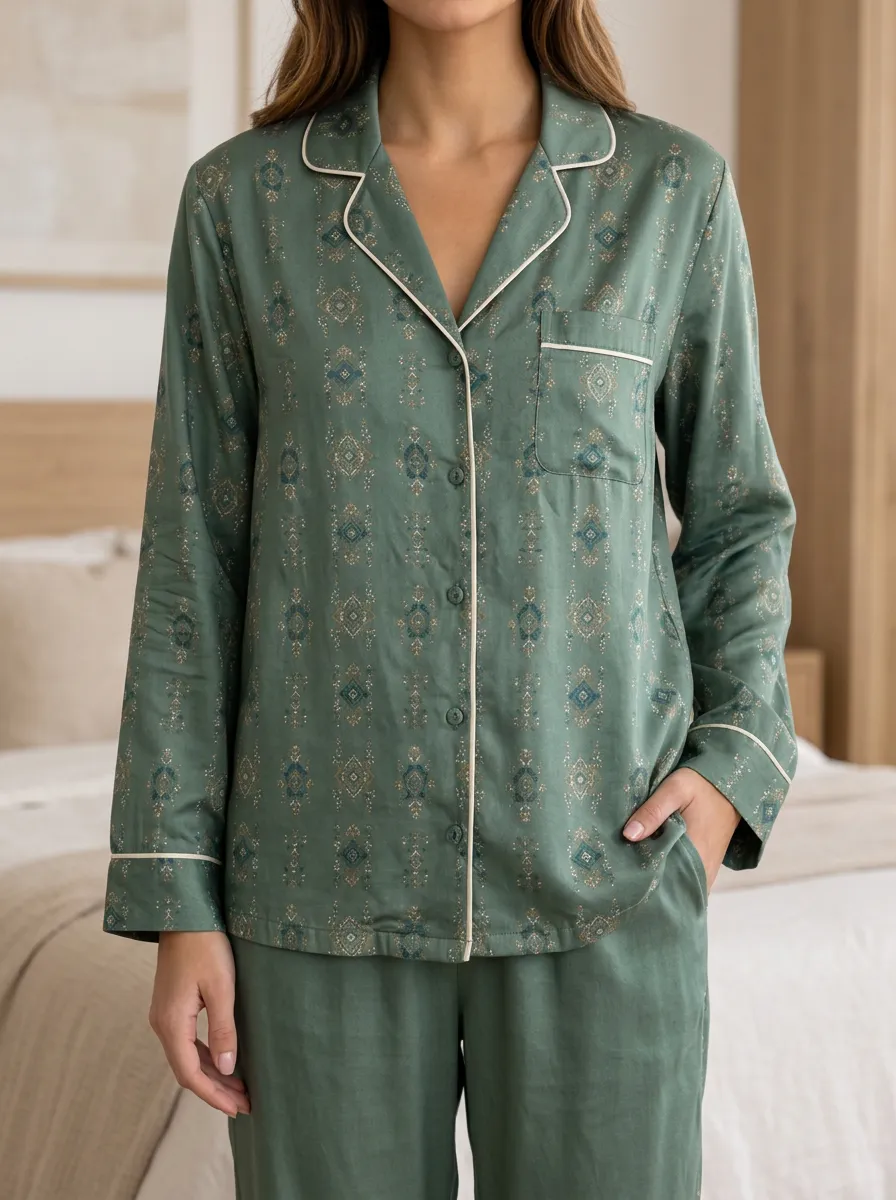 Relaxed Sleepwear with Printed Button Front Detail