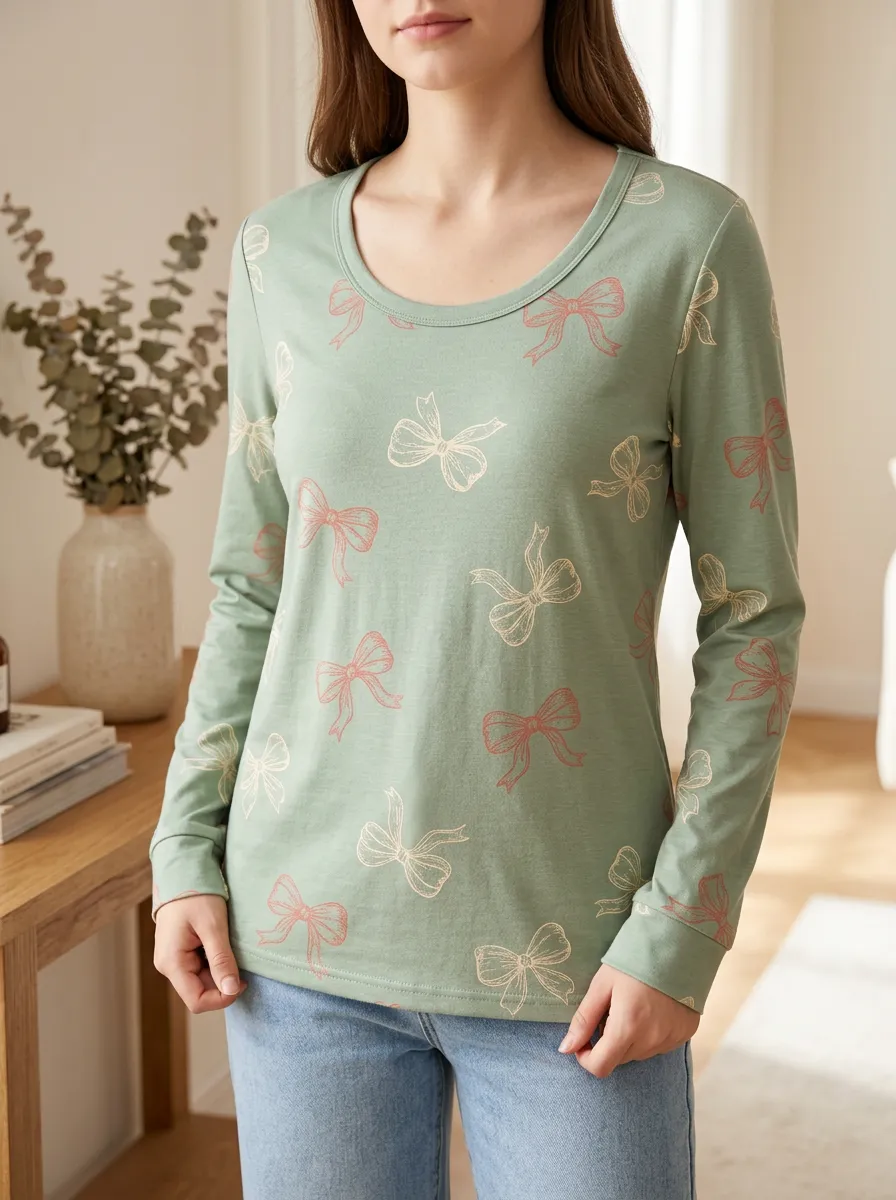 Women's Romantic Everyday Sweet Style Sage Bowknot Printed Long Sleeve T-shirt