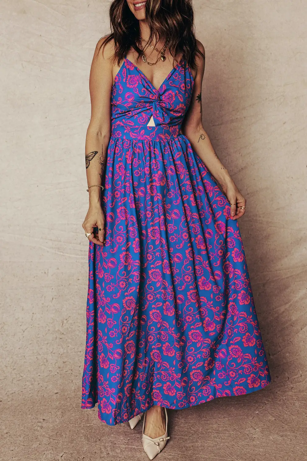 Floral Print Twisted V Neck Tied Backless Maxi Dress