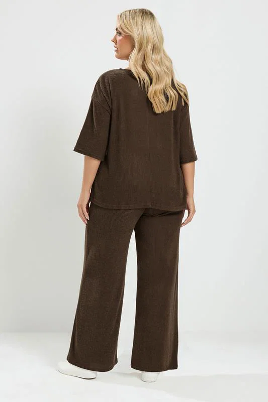 Chocolate Brown Ribbed Wide Leg Trouser Set detail 2