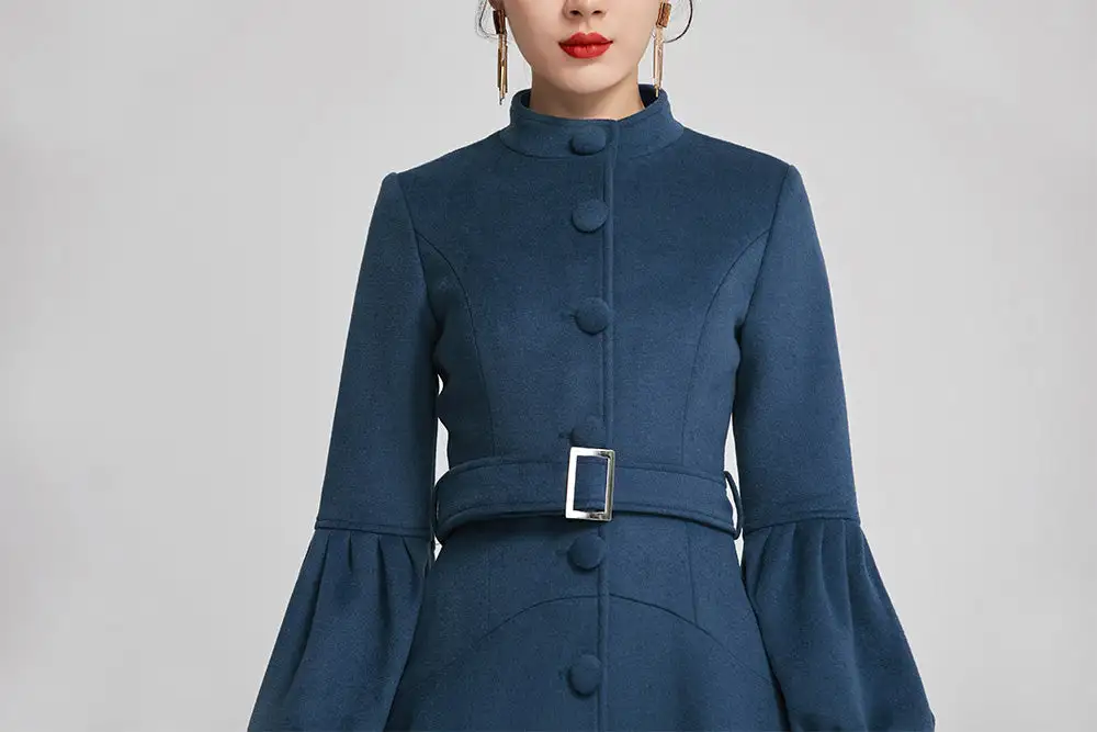 Wool Tailored Single Breasted Belted Lantern Sleeve Midi Coat