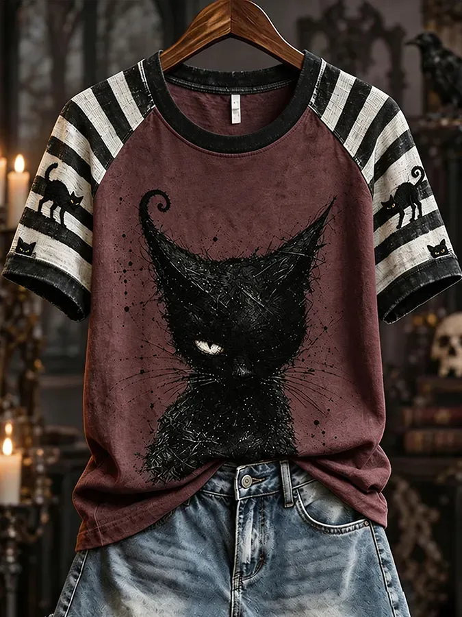 Women'S Autumn Halloween Black Cat Art Printed T-Shirt