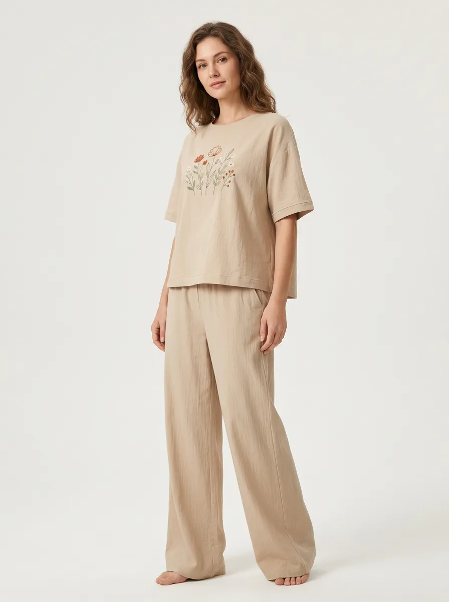 Women's Boxy Floral Embroidered Crewneck T-Shirt And Straight-Leg Trouser Two-Piece Set