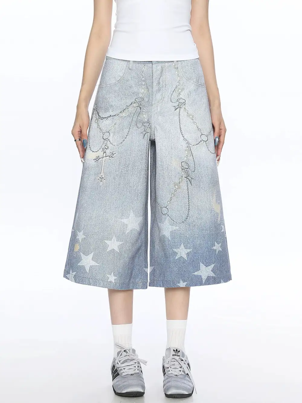 Wide-Leg Cropped Printed Denim Pants