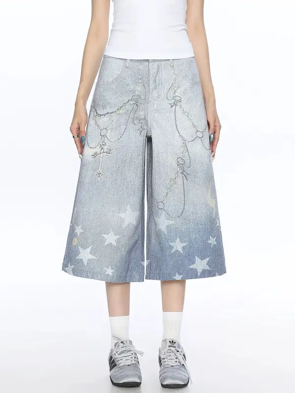 Wide-Leg Cropped Printed Denim Pants