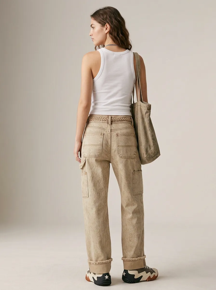 Women's Vintage Wash Braided Waist Cargo Printed Jeans