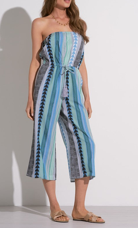 Blue Stripe Print Tie Waist Jumpsuit