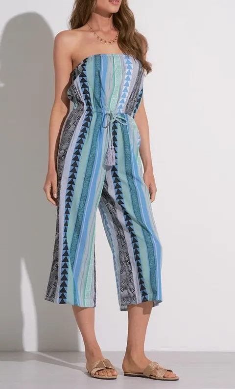 Blue Stripe Print Tie Waist Jumpsuit