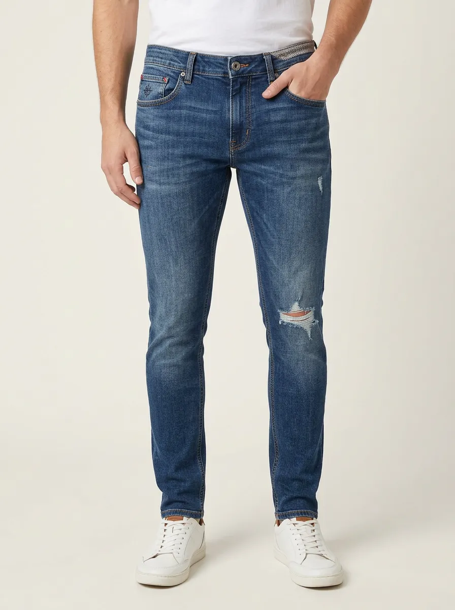 Men's Mid-Blue Distressed Blue Denim Ripped Slim Fit Jeans