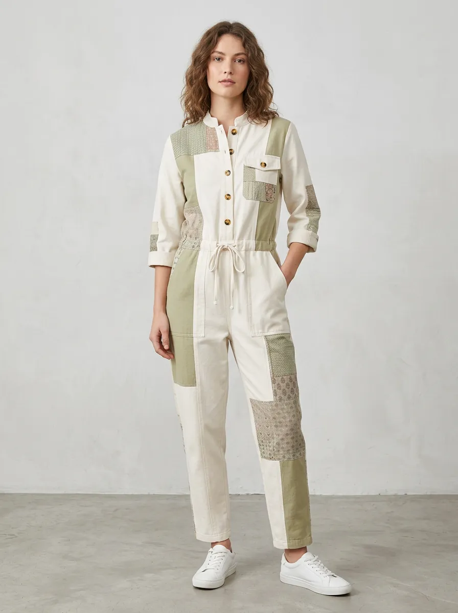 Women's Casual Sage Green Patchwork Graphic Jumpsuit