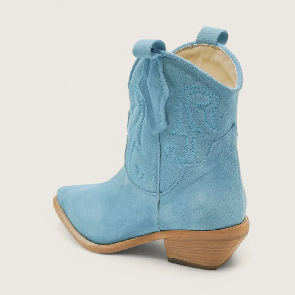 Faux-Suede Embroidered Pointed-Toe Chunky-Heel Western Boots