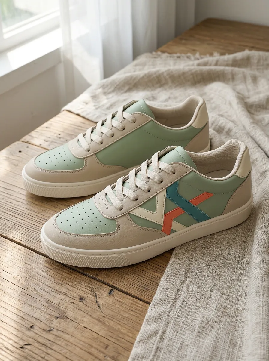 Women's Sage Green Beige Geometric Pattern Printed Sneakers