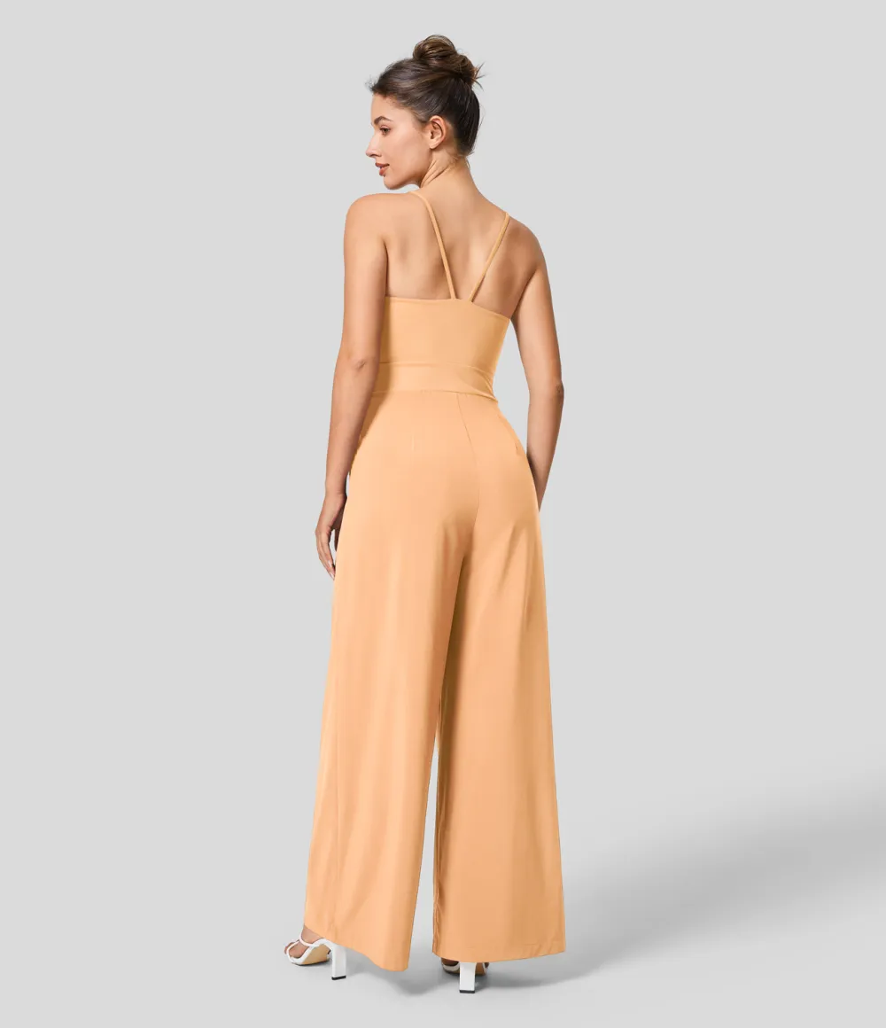 Breezeful Backless Side Invisible Zipper Pocket Wide Leg Quick Dry Resort Slip Jumpsuit