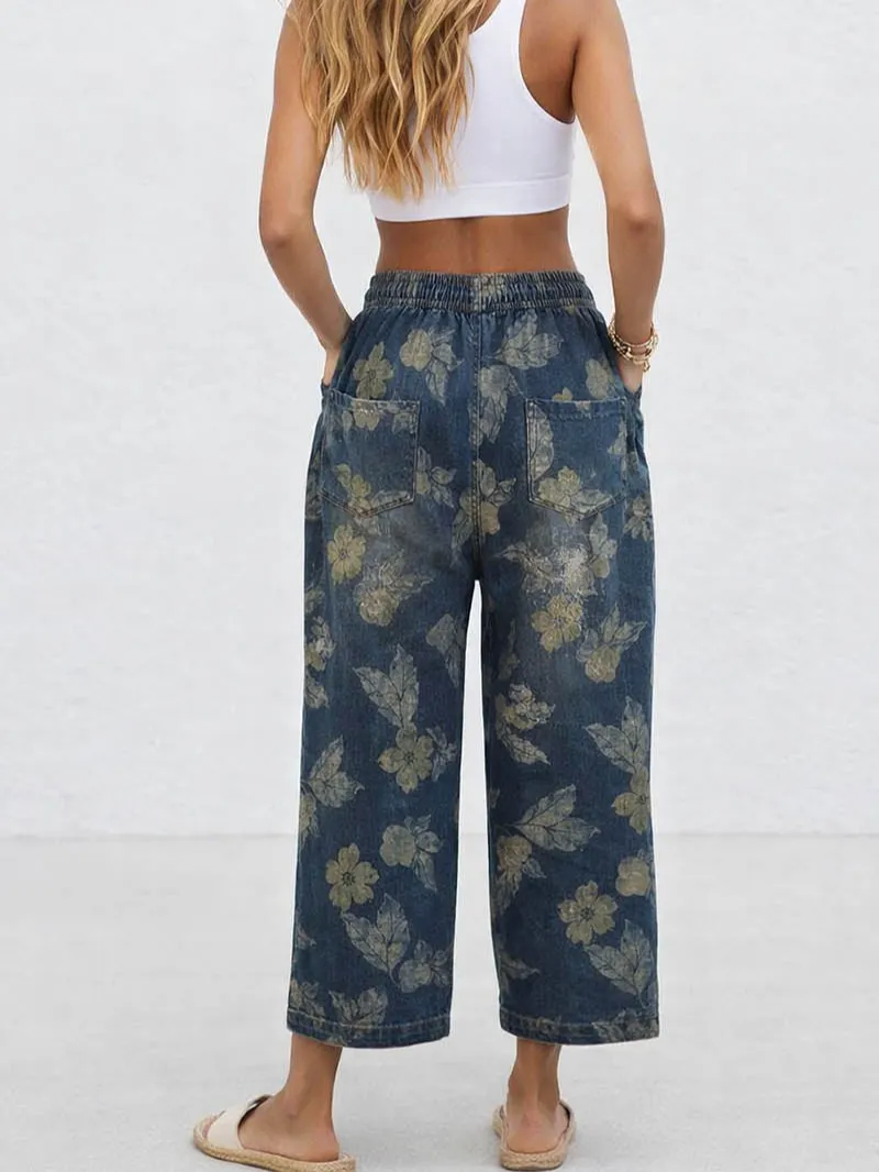 Graphic Elastic Waist Barrel Leg Denim Easy Pants