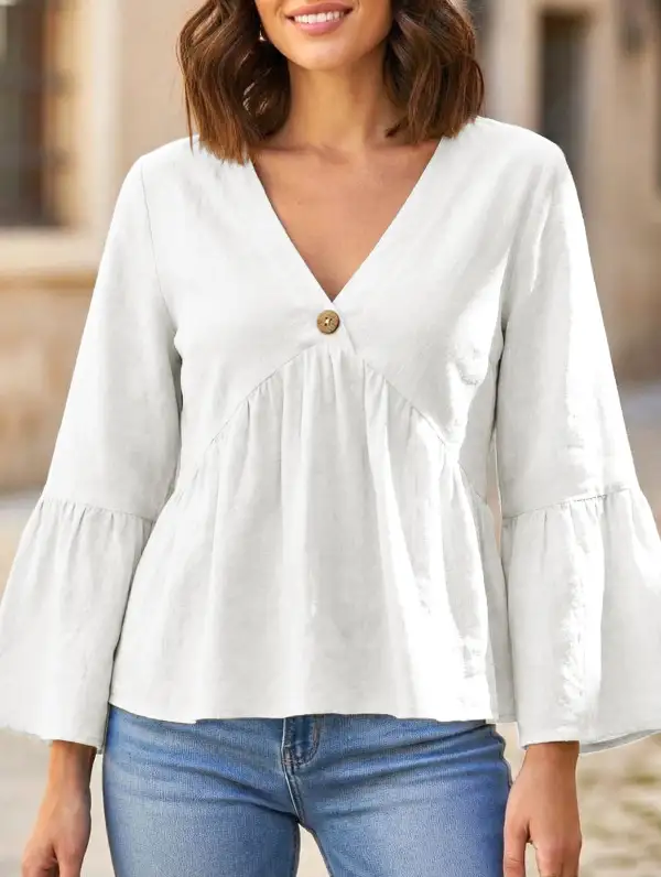 V-Neck Ruffle Sleeve Cotton Top