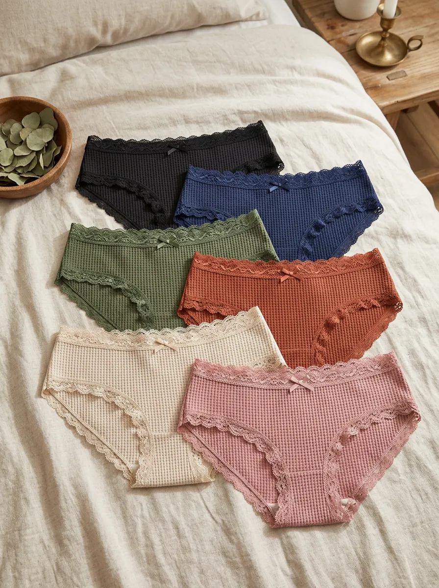 Women's Waffle Knit Lace Trim 6-Piece Underwear Set