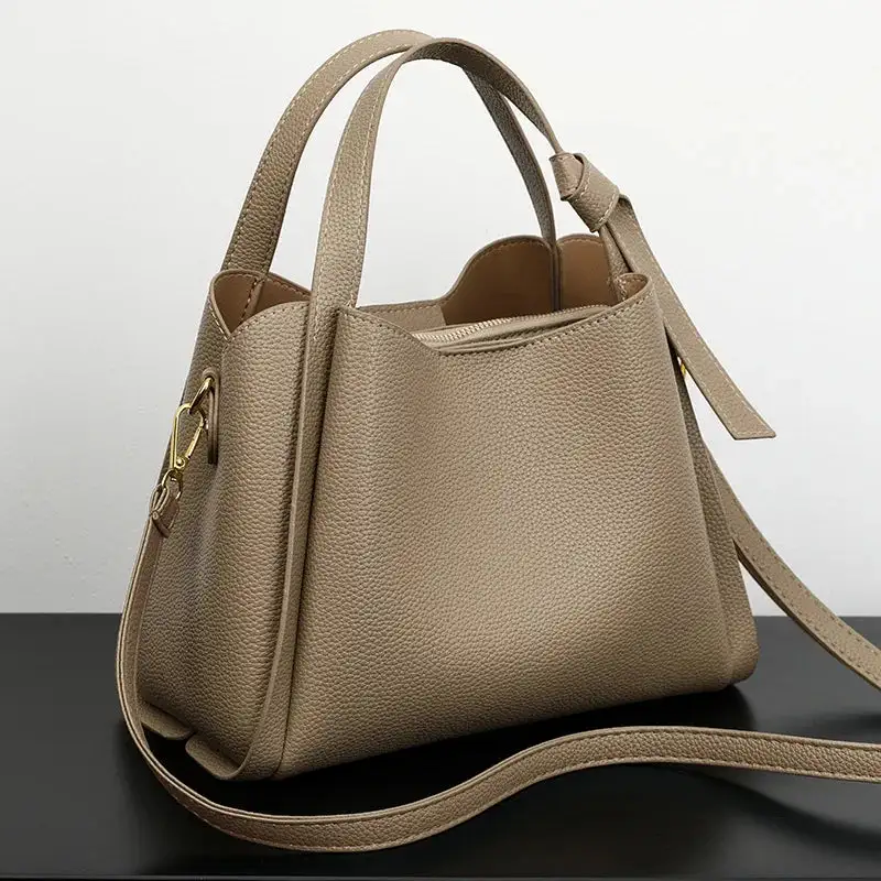 Minimalist Taupe Pebbled Leather Tote Bag