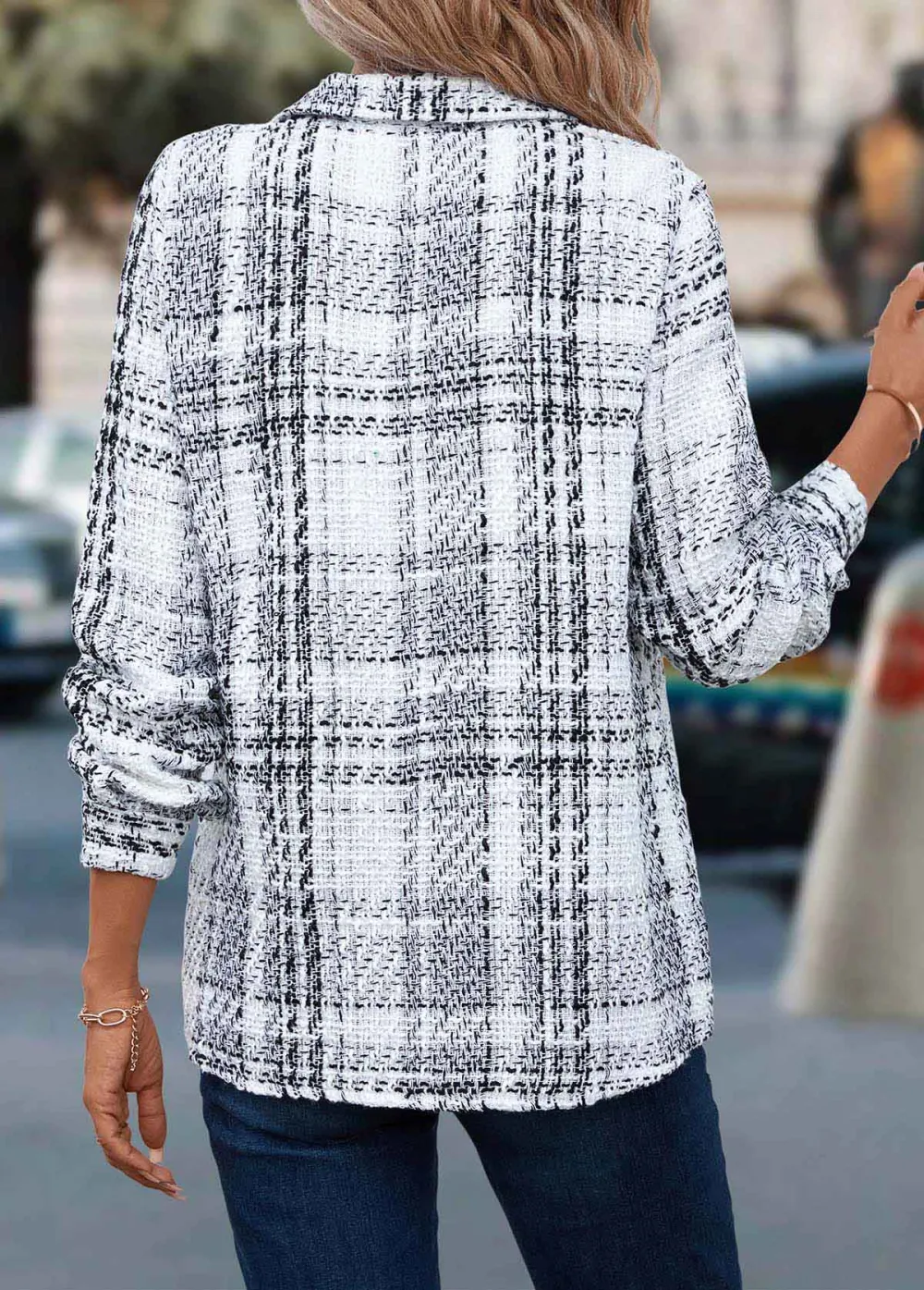 White Button Plaid Long Sleeve Shirt Collar Coat