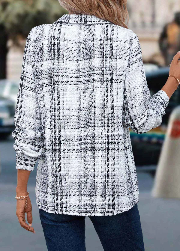 White Button Plaid Long Sleeve Shirt Collar Coat