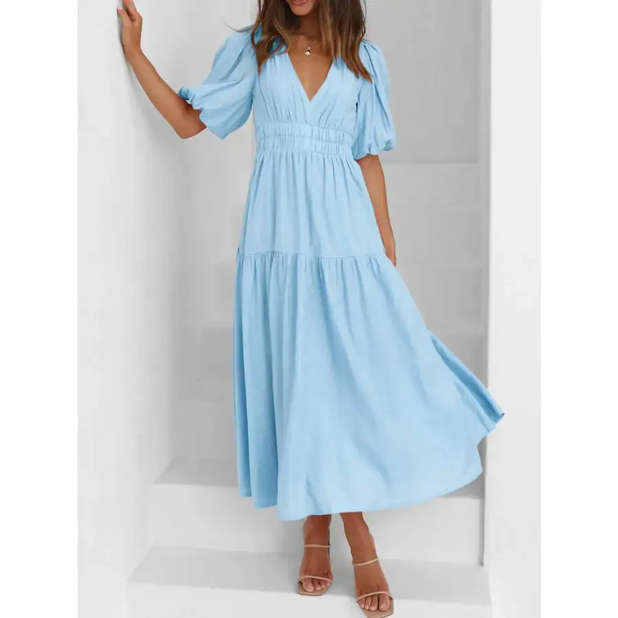 Neck V-Neck Puff Sleeve Midi Dress
